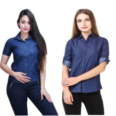 Women's Denim Solid Shirt Buy 1 Get 1 Free  Denim Pattern Solid Blue 